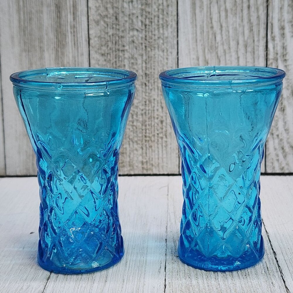 Vintage Pressed Glass Cordial Shot Glasses Diamond Pattern Blue - Set Of 2